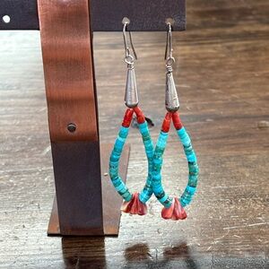 Navajo Handcrafted Turquoise and Red Coral Earrings